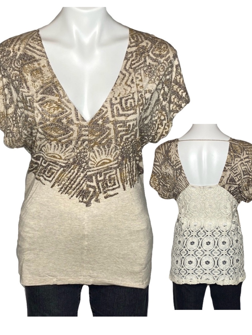 Deep V‎-Neck Aztec w/ Flutter Sleeve, Lace Back Top, Language by Anthro, Small